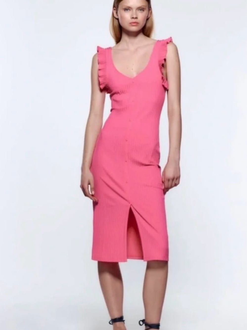 Zara Pink Ribbed Button-Front Midi Dress with Ruffle Straps - Picture 2 of 4